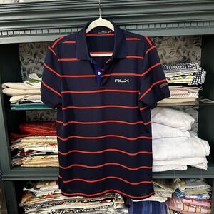 RLX Ralph Lauren Polo Shirt Mens M Navy Orange Stripe Performance Stretch